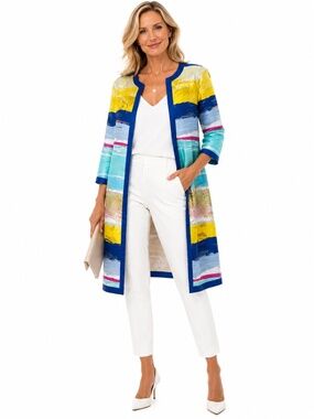 Berek  Metallic Art Print Jacket Colorful Open Front Duster Topper Size M